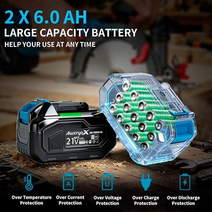 AwxryoX 6-1/2" Cordless Circular Saw,Brushless Sierra Circular with 2 x 6.0Ah Battery & 3 Blade,Electric Hand Circle Saw 0-45° Cutting Bevel,Max Cut Depth 2-1/4"(90°),1-7/16" (45°) for Wood Metal PVC