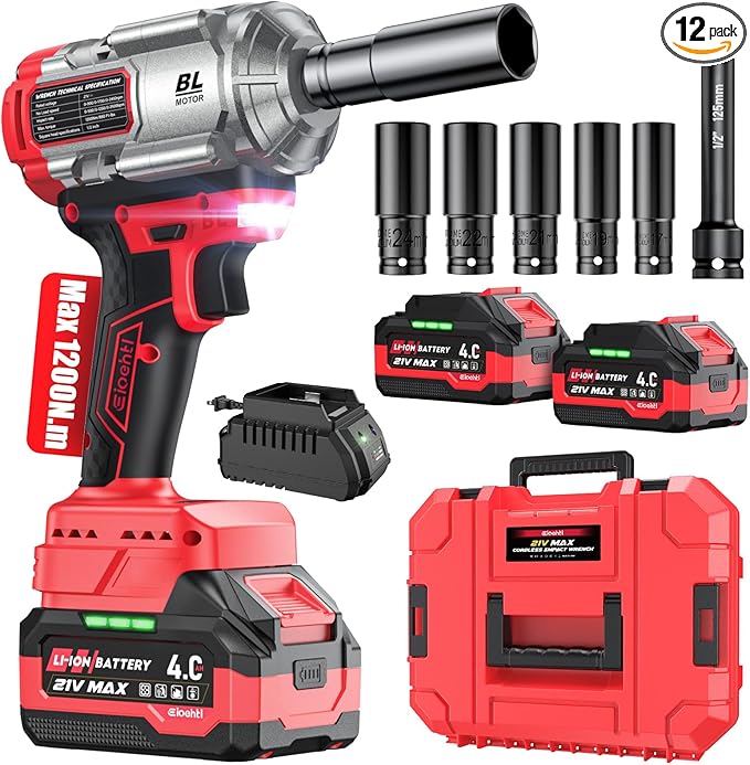 Eioehtl Cordless Impact Wrench 1200 Nm, 1/2 inch Impact Gun, 21V 4.0Ah×2 Batteries & Fast Charger, 3-Speed Control with LED Light, Includes 5 Sockets + Extension Bar + Carry Case [Energy Class A+++]