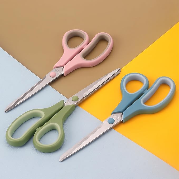 LONGKEY 8.5 Inch Scissors, All-Purpose, Soft Comfort-Grip, Ambidextrous, Pastel Green, Pink, Blue, 3 Count