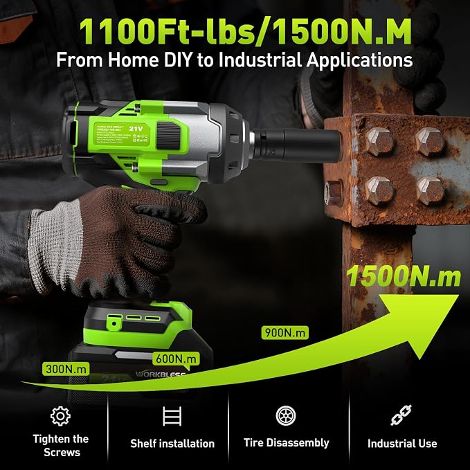 Cordless Impact Wrench 1/2" 1100Ft-lbs(1500N.m) W/ 21V 2 Battery | High Torque Impact Driver,4.0Ah Battery Electric Brushless Impact Gun for Car/Heavy Truck/Pickup,3-Speed,4 Socket,LED Light