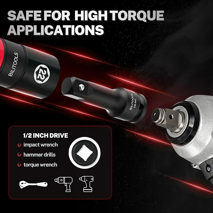 BILITOOLS Lug Nut Socket Set, 1/2" Thin Wall Impact Flip Sockets | Metric 17-22mm and SAE 3/4"-15/16" Sizes, Non-Marring Sleeves, Extension Bar and Knockout Rod for Stuck Lug Nuts