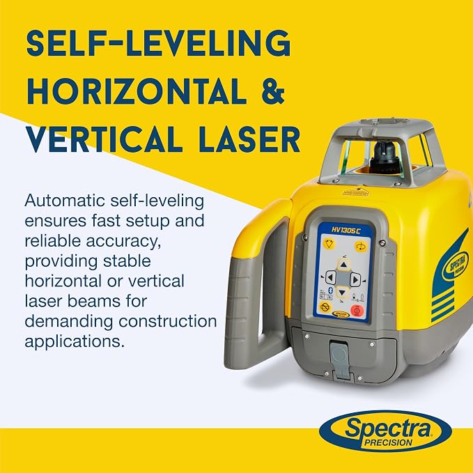 Spectra Precision HV1305C Rotary Laser System Kit with HL760 Receiver, RC1402 Remote, GR152 Rod, Q104025 Tripod & Accessories — IP66, 1,200 m Range - Red Beam - System Case - Grade Rod (inches)