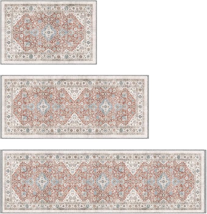 Color&Geometry Vintage Kitchen Rugs Sets of 3, Machine Washable 4mm Ultra Thin Stain Resistant Kitchen Floor Mats, Non Slip TPE Backing Runner for Sink,Hallway,Laundry,Entryway (2x3+2x5+2x7)