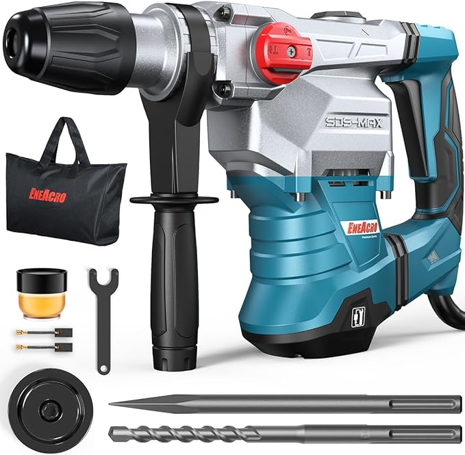 ENEACRO SDS-Max Heavy-Duty Rotary Hammer Drill, 9 Ft.lbs, 3 Functions | Safety Clutch & Vibration Control, 1-9/16" Drilling Capacity in Concrete, Includes Chisel, Includes Drill Bit