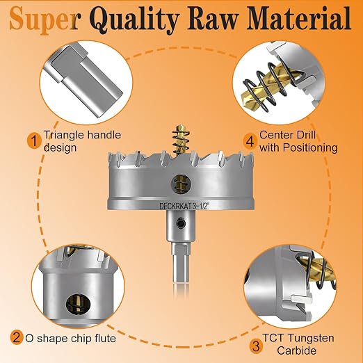 3-1/2" TCT Hole Saw for Hard Metal, Heavy Duty 90mm Tungsten Carbide Tipped Hole Cutter with Spring-Loaded Pilot Drill Bit for Stainless Steel, Metal, Iron, and Plastic.