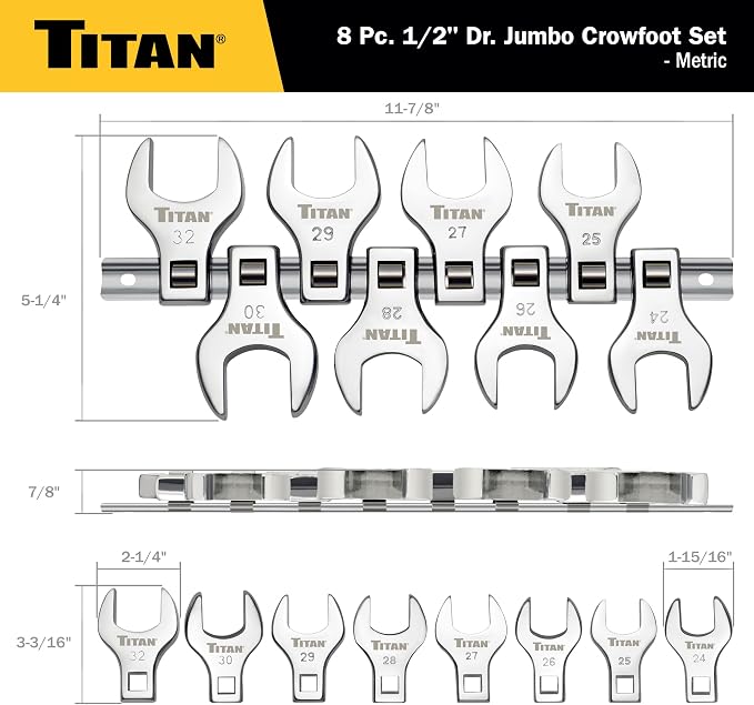 Titan 17678 8-Piece 1/2-Inch Drive Metric Jumbo Crowfoot Wrench Set