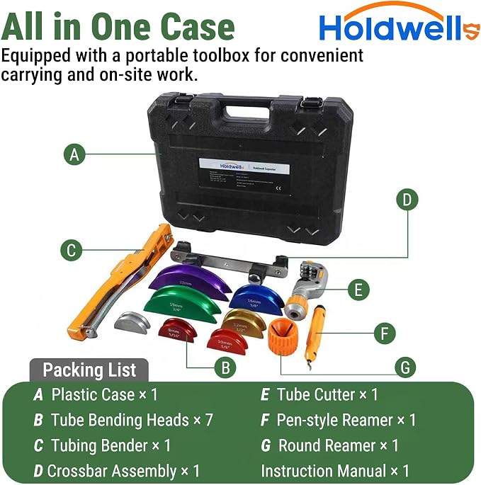 90° Ratcheting Pipe Tube Bender Set W/ 7 Color-Coded Aluminum Heads, 1/4"–7/8" O.D. Tubing, Tube Cutter & Deburring Tool, Portable Storage Case for HVAC, Plumbing & Refrigeration