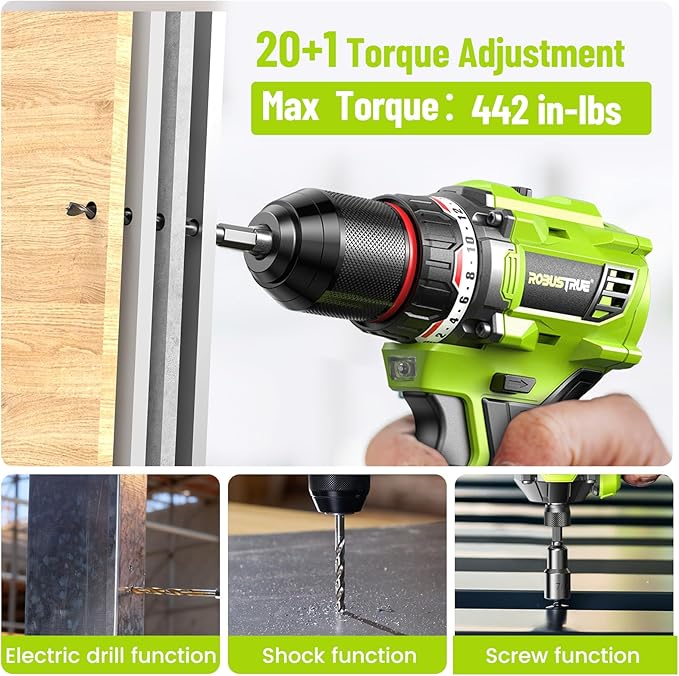 Robustrue 21V Cordless Drill & Impact Driver Combo Kit, 3/8" Drill & 1/4" Impact Driver, 2×2000mAh Batteries, Fast Charger, 16-Piece Bit Set for DIY Projects, Furniture Assembly & Home Repairs