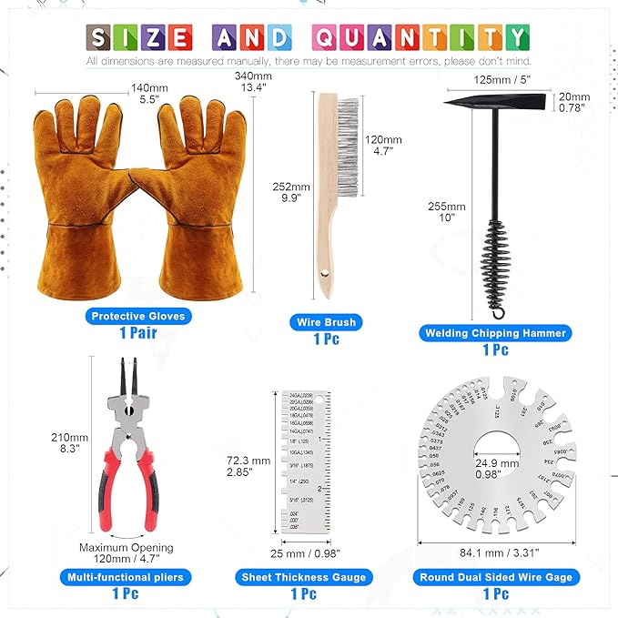 Glarks 6Pcs Welding Slag Removal Tool Set, Include 10'' Welding Chipping Hammer with Coil Spring Handle, Wire Brush, 10'' Welding Plier and 2Pcs Stainless Steel Metal Sheet Thickness Gauges