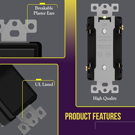 ENERLITES 4-Way Decorator Paddle Rocker Light Switch, Clamp Down Wiring, Gloss Finish, Grounding Screw, Residential Grade, 15A 120V/277V, UL Listed, 94150-BK, Black