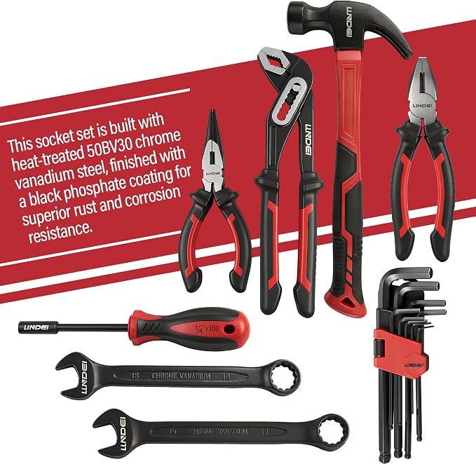 LLNDEI 151Pcs Ratchet Wrench Tool Set 1/4" 3/8" Drive Sockets Set | SAE and Metric 6 Point Sockets Set, Mechanic Tool Kit with Bits, Combination Wrench universal joint adapter.
