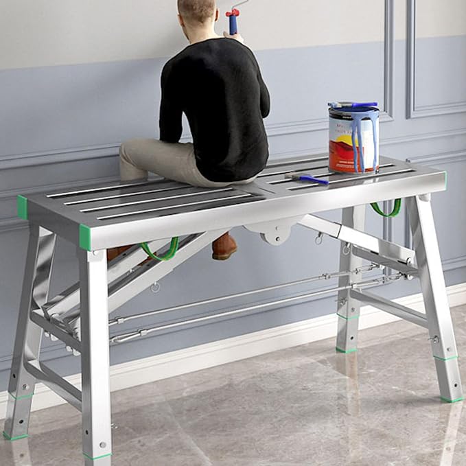 Adjustable Work Platform with 400 kg Duty Rating, Portable Multipurpose Folding Scaffolding Work Platform Scaffold Tower Ladder Stool Ben Adjustable Height, Carbon Steel Structure,160cm/5.2f