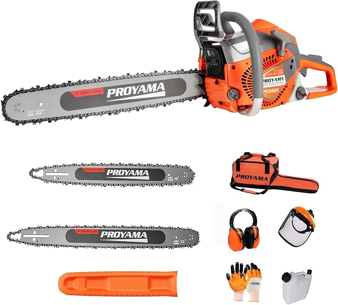 PROYAMA 62cc Gas Powered Chainsaw, 3 Position Spring Vibration System | 18" & 22" Bar and Chain, 3.5HP 2 Cycle Gas Power Handheld Chain Saw with Transparent Fuel Tank for Tree Wood Cutting