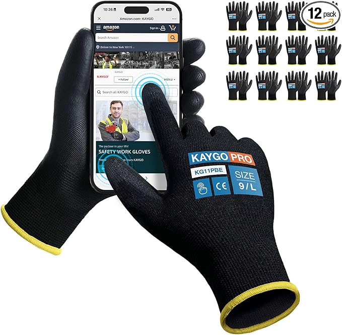 Work Gloves PU Coated for Men and Women, 12 Pairs Safety Work Gloves with Two Fingers Touchscreen, Breathable and Lightweight,Ideal for Light Warehouse, Manufacturing, Gardening, KG11P (L, Black)