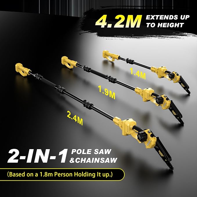 2 in 1 Electric Pole Saws for Tree Trimming,8" Mini Chainsaw Cordless with Extension Pole, Brushless Motor, Auto Oiling,13.8 FT Max Reach Extension Pole for Outdoors Pruning with 2×4.0Ah Batteries