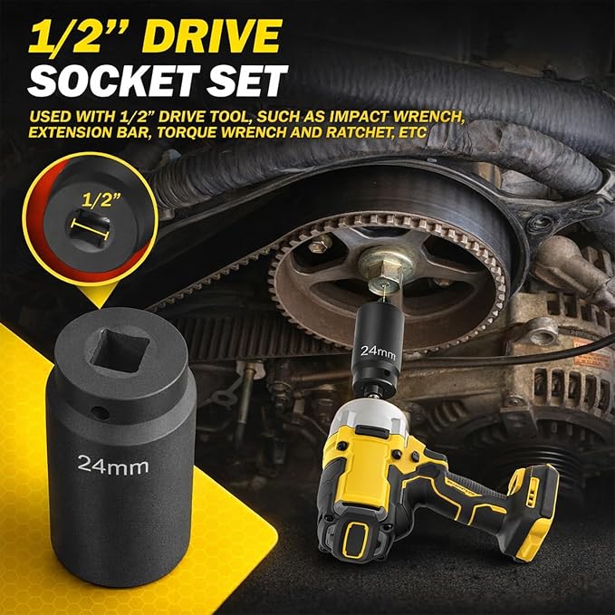 1/2’’ Drive Weighted Crank Bolt Socket Set, 17MM, 19MM, 21MM, 22MM, 24MM, 27MM, Harmonic Balancer Socket Set, Weighted Metric Deep Impack Socket Kit, 3 Times Momentum Power of Standard Impact Socket