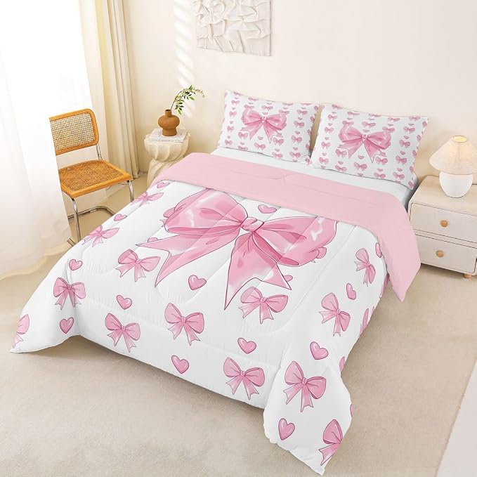 Feelyou Cute Pink Bow Bedding Set Soft for Boys Girls, Love Hearts Bowknot Comforter Set King Size Duvet Quilt Microfiber Bedroom Decor 3 Pcs with 2 Pillow Cases