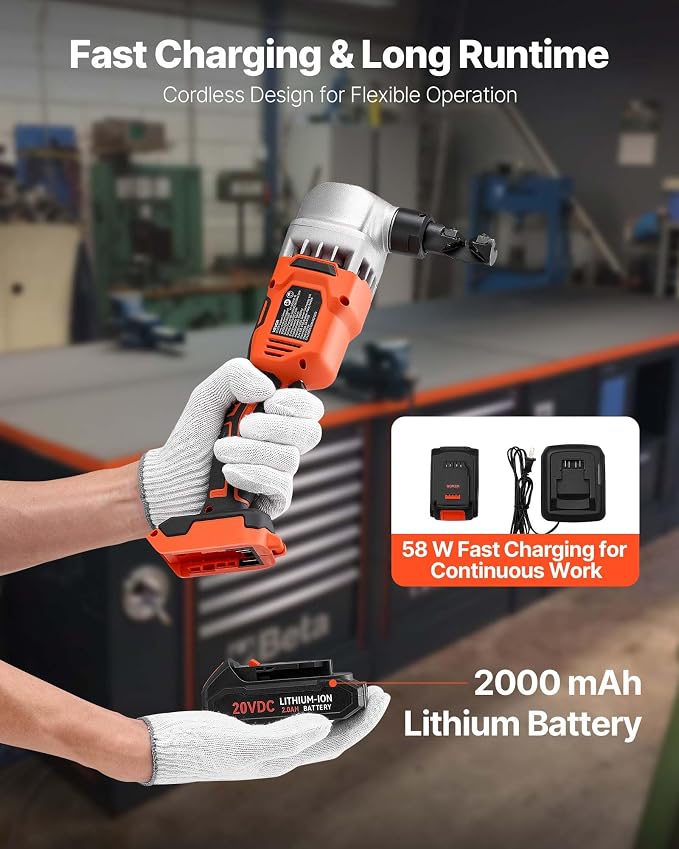 VEVOR Cordless Metal Nibbler, with 18 V 2000 mAh Battery, 1200 RPM Brushless Motor, Electric Nibbler Metal Cutter with Plastic Carrying Case for Cutting Stainless Steel, Aluminum, and Copper Sheet