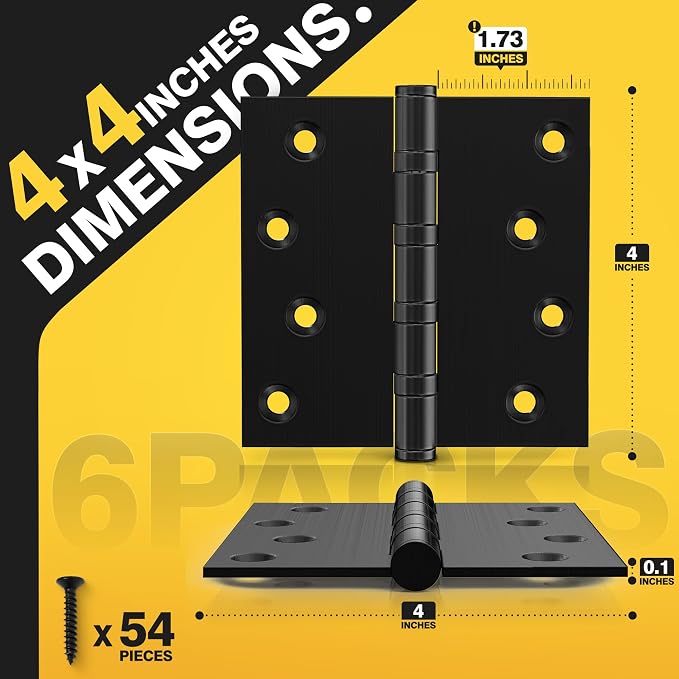 KOLET Ball Bearing Door Hinges, 4 x 4 Inches Exterior Square Door Hinges, Square Corner Heavy Duty Hinges, Commercial Grade Stainless Steel, Smooth and Non Removable Pin, Matte Black, 6 Pack