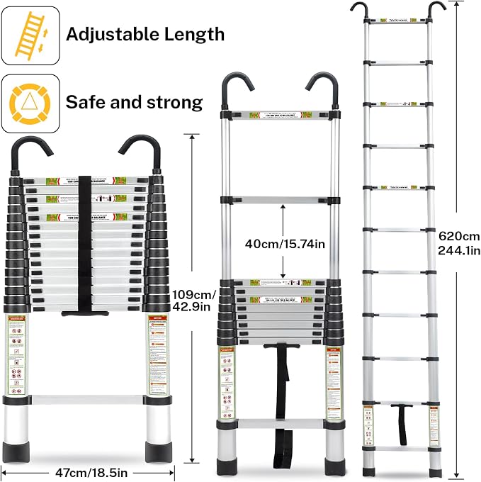 RIKADE Telescopic Ladder, 20.3 ft Aluminum Telescoping Ladder with Stable Hook and Non-Slip Feet, Portable Extension Ladder for Household and Outdoor Working, Max Load 330 lb, Aluminum