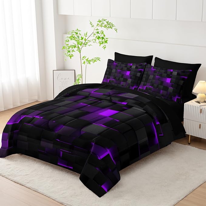 Nttopship Geometric Violet Black Queen Comforter Set,Light Honeycomb Bedding Set 7 Piece in A Bag,Bed Sheet Set Geometry Decor,Microfiber Lightweight All Season
