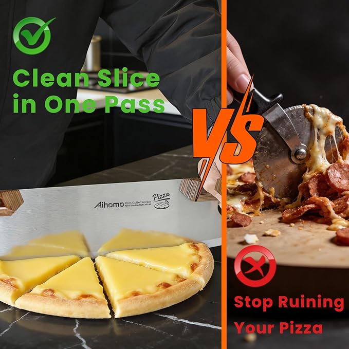 13” Sharp Pizza Cutter Rocker, 420J1 Japanese Stainless Steel Blade Slicer, Double Pakkawood Handle Pizza Knife Rocker with Protective Cover, Easy to Clean