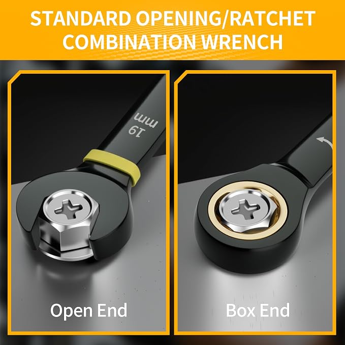 GRENPRO 9PC Metric Ratcheting Wrench Set 8-19mm Long Combination Open End | Includes Bolt Gauge, Electro-Coated CR-V Steel, 72-Tooth 5Deg Swing 12Pt Color Rings, Roll Pouch for Auto & Home Repair