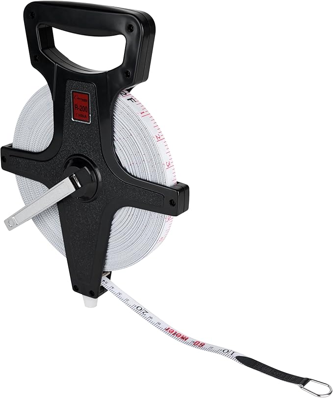 Champion Sports Open Reel Measuring Tapes – Durable Hand Crank with Metal Spike, Dual-Sided Feet & Meters, Perfect for Track & Field and Long Jump, 200 Feet/60 Meters