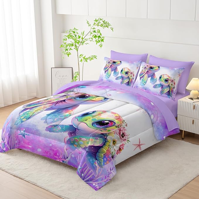 Sea Turtle Bedding King Comforter Set 7 Piece,Coastal Beach Themed Bed Set for Kids Girls Room Decor,Cute Bedding with 1 Comforter,1 Flat Sheet,1 Fitted Sheet,4 Pillowcases.