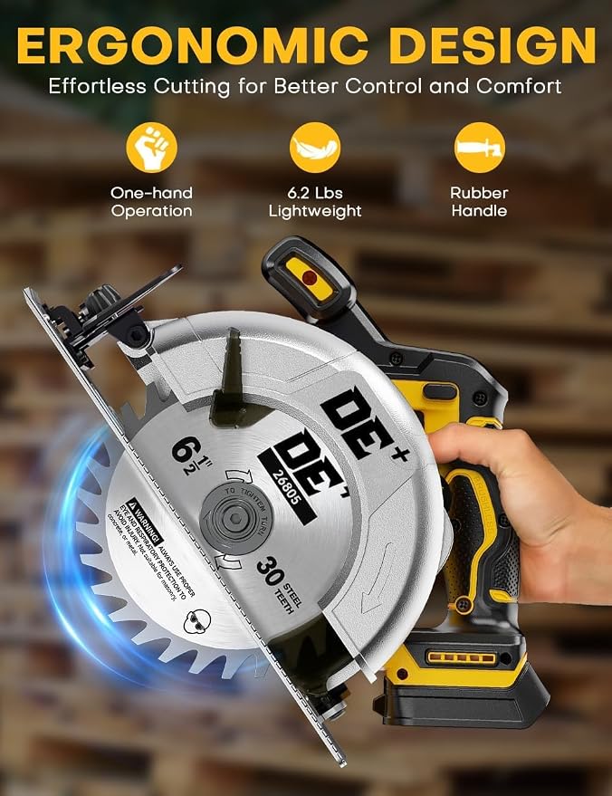 Brushless Cordless Circular Saw, for DeWalt 20V Max Battery, 6-1/2 Inch Aluminum Alloy Blade, 8000 RPM, 6.2 Lbs Lightweight, Cutting Depth 2-1/5" (90°), 0-90° Bevel, Hex Wrench, Rip Guide for Wood PVC