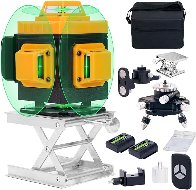 Laser Level Self-Leveling 4 x 360° - 4D Green Cross Bright Line Laser 100ft Range for Picture Hanging, Tile Installation, Indoor DIY & Construction | Magnetic Mount, 2 Rechargeable Batteries