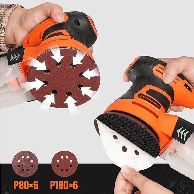 DOVAMAN ROS01A Orbital Sander, 3A Random Orbit Sander, 6 Variable Speeds, Up to 13000 rpm, 12pcs Sandpapers, 5in Sanding Pad, Dust Collection, Electric Tool Perfect for Woodworking