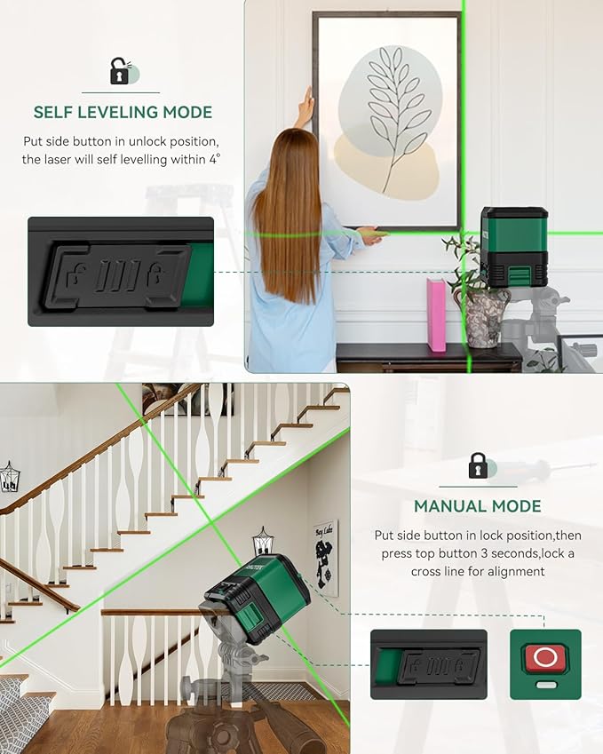 Nikotek Laser Level, Self-leveling Green Line Laser With Horizontal and Vertical Lines for Construction and Picture Hanging, Battery Included
