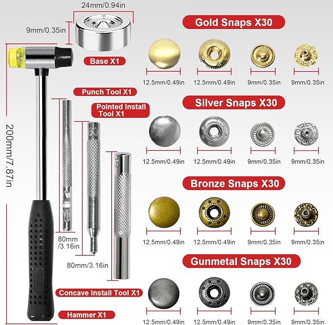 120 Sets Metal Snap Buttons with Hammer, NXTOV 12.5mm Leather Snap Fasteners Kit, 4 Colors Craft Snaps for Clothes, Windbreaker, Shirts, Jacket, Backpacks, Wallet,Bags