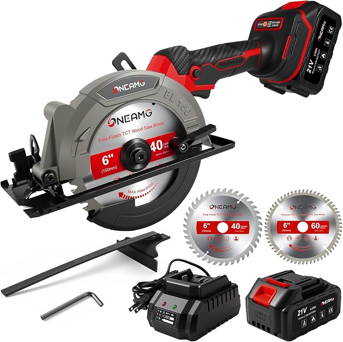 6" Cordless Circular Saw, 21V Compact Wireless Circular Saw, 4.0Ah Battery, 5800RPM, Max Cut 2-1/6" (90°), 1-1/4" (45°),w/40T & 60T Blades,Fast Charger (1Hr),Applicable to Wood,Aluminum & Plastic