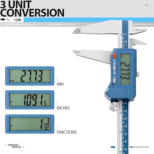 Dasqua 12" IP54 Digital Caliper, Stainless Steel Water-Resistant Precision Measuring Tool with Large LCD, Inch/Metric/Fraction Switch, Resolution 0.0005"/0.01mm/1/128, Accuracy ±0.001"/0.02mm