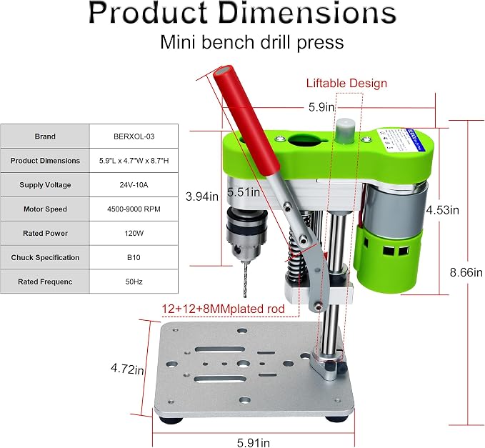 Mini Drill Press, Benchtop Portable Electric Drilling Machine, CNC 795 Motor, B10 Chuck, for Metal, Wood, Jewelry, DIY Crafts (green)