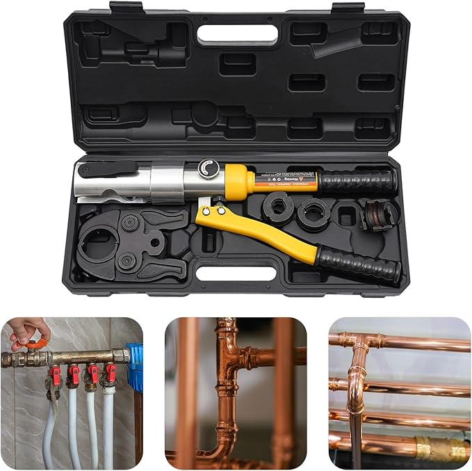 Pipe Crimper Copper Pipe Press Crimping Tool Kit 360° Rotatable Crimp Head Hydraulic Copper Tube Crimping Tool for Copper Tees Elbows Straight Pipes with 3 Molds (1/2", 3/4", 1") (Yellow)