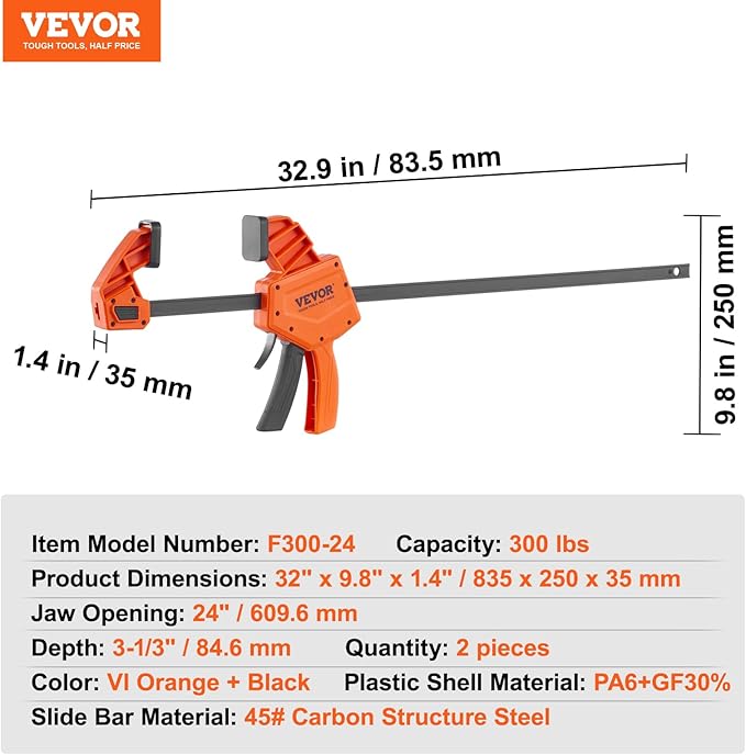 VEVOR Bar Clamps for Woodworking, 2-Pack 24" One-Handed Clamp/Spreader, Quick-Change F Clamp with 300 lbs Load Limit, High-strength Plastic and Carbon Steel, Wood Clamps for Woodworking Metal Working