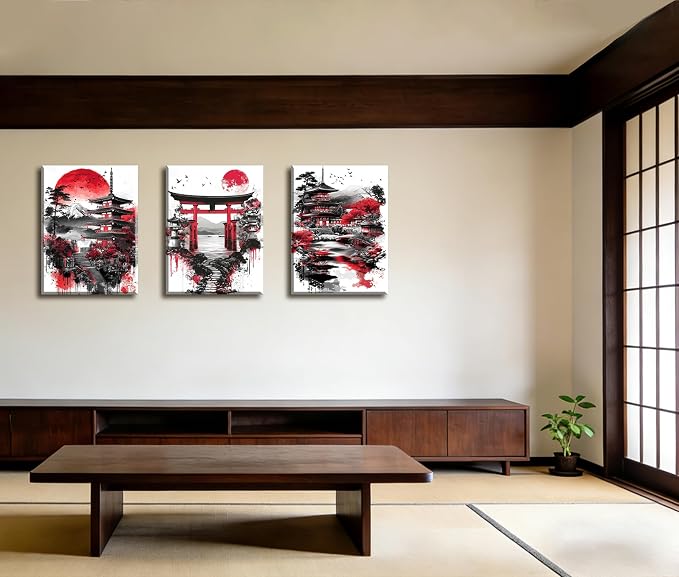 Frimeeme 3 Pieces Japanese Canvas Wall Art, Japanese Landscape Painting Prints, Red and Black Cherry Blossom Trees Building Pictures, Living Room Office Decor, 12x16 Inch Each