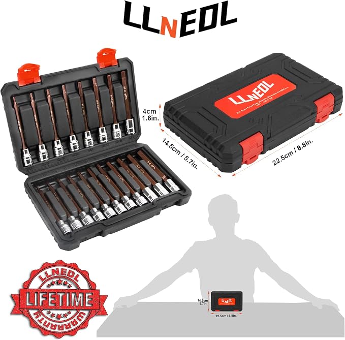 LLNEDL 3/8 Inch Drive Long Allen Hex Bit Socket Set, 19-Piece Hex Head Standard SAE & Metric Sockets (1/8"-3/8", 3-12mm), S2 Alloy Steel Durable Tools for Mechanics