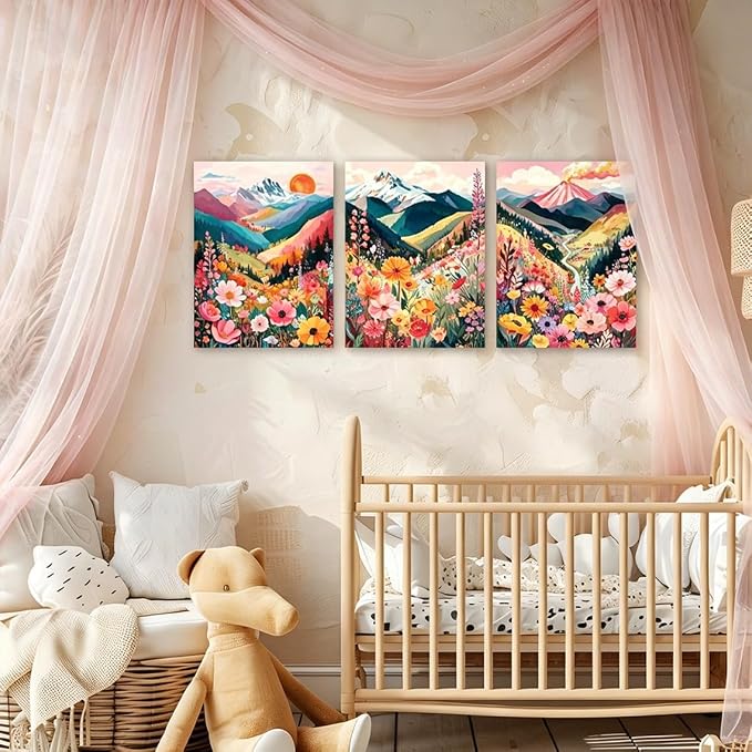 Frimeeme Colorful Floral Mountain Wall Art Set of 3, Boho Nature Landscape Print, Unframed, for Living Room Bedroom Bathroom Office Home Decoration 12x16in