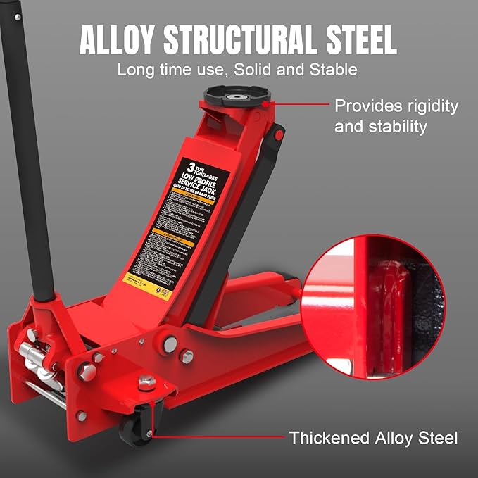 Big RED 3 Ton Low Profile Hydraulic Floor Jack, Dual Pump 6600lbs Heavy-Duty Steel, 3.125"-20" Lift for Cars/Trucks/SUVs w/Overload Protection & 1-Yr Warranty