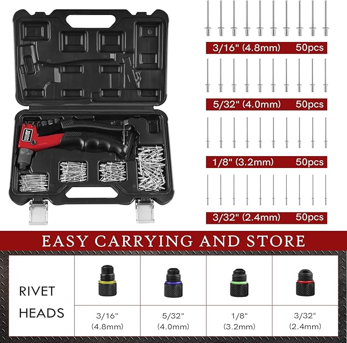 NEU MASTER Rivet Gun with 200Pcs Rivets, Manual Rivet Gun Kit with 4 Tool-Free Interchangeable Rivet Heads, BMC Case, Heavy Duty Single Hand Riveter for Plastic, Metal, Leather