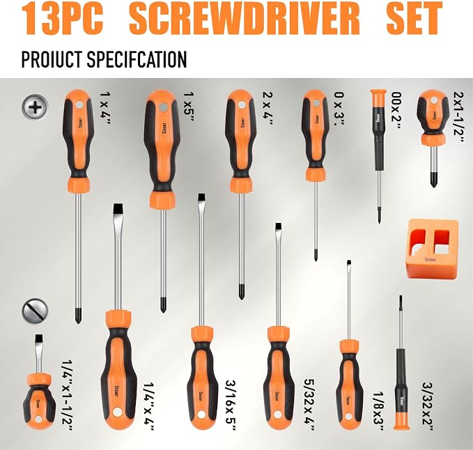 13-Pieces Magnetic Screwdrivers Set, 6 Phillips and 6 Flat Head Tips,Chrome Vanadium Steel,Screwdriver Set With Magnetizer demagnetizer tool