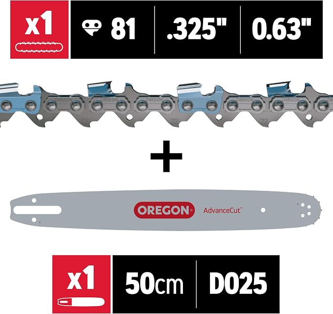 Oregon 20-Inch Replacement Chainsaw Bar and L81 AdvanceCut Chainsaw Chain Combo, 81 Drive Links, Pitch: .325", .063" Gauge, Low Vibration (105671), fits several Stihl models, Grey