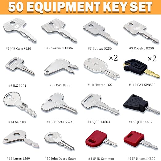 50 Heavy Equipment Keys Master Set, Construction Contractor Machine Ignition Keys Set Fits CAT Caterpillar Case John Deere JCB Hyster JLG Komatsu Kubota Yanmar New Holland Takeuchi Volvo
