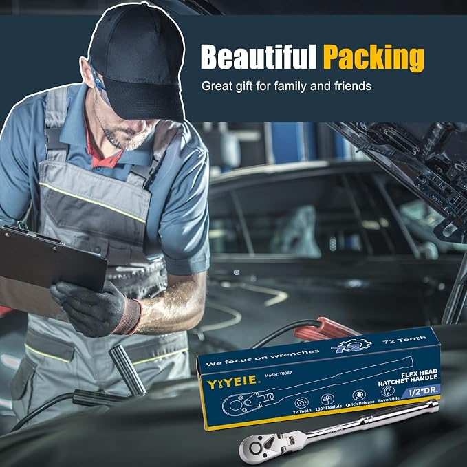 YIYEIE 1/2" Drive Flex Head Ratchet, 72-Tooth Quick-Release, CR-V Steel, Full Chrome, Swivel Head Ratchet Wrench with EVA Foam Tray, for Auto Mechanic & DIYer | 12 Inch Long