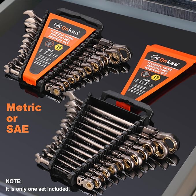 Qnkaa Qnkaa12pcs Flexible Ratchet Wrenches Set SAE 1/4” to 7/8“ | Standard Spanners Gear Ring Ratcheting Combination Flex-Head Wrenches Kit with Portable Organizer Rack