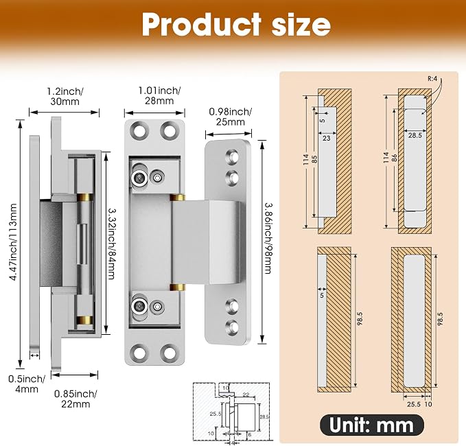 4.5" Hidden Door Hinge/Concealed Hinges,Invisible Hinges,Invisible Door Silent Door Hinge 110 Degree Swing Hinge 2-Way Adjustable Butt Hinge 4.5 x 2 x 1 (2, Silver)